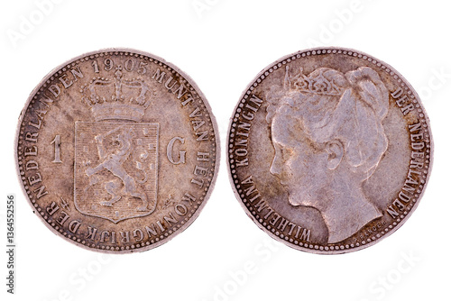 1 guilder Wilhelmina 1905 Dutch coin, suitable for historical websites, numismatic articles, educational materials, and design projects needing vintage elements.