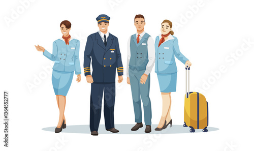 Airline crew members, including pilot and flight attendants, in professional uniforms on white background. Concept of aviation and teamwork. Vector illustration