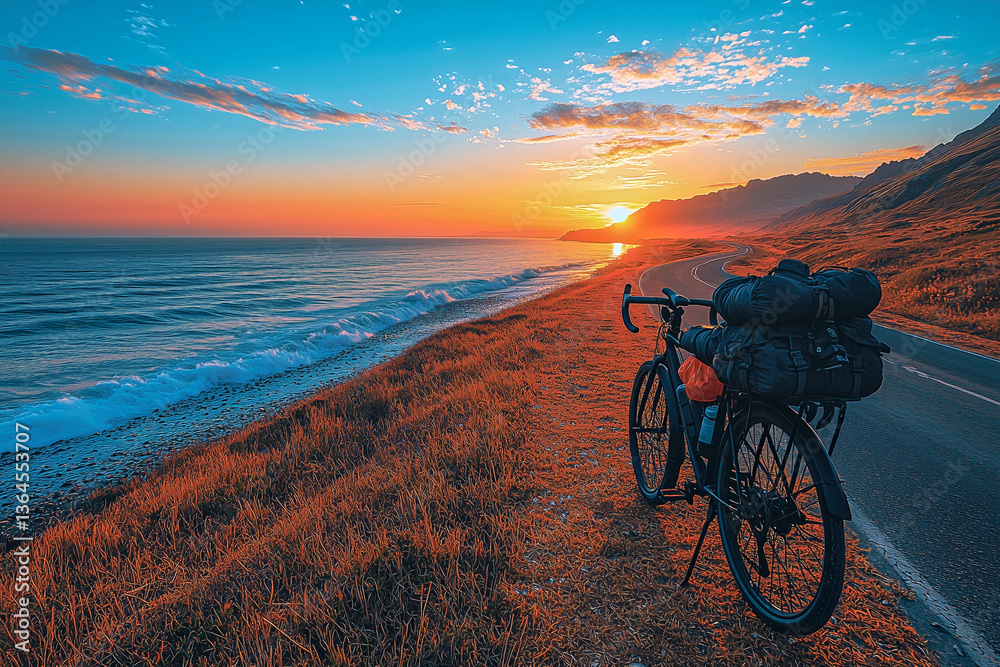 Fototapeta premium A bicycle parked by a coastal road