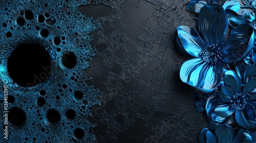 Charcoal black background with intricate steel-blue hole-type stains on the left, transitioning into a vibrant blue metallic floral surface texture on the right.