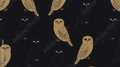 Gold Owls Seamless Pattern with Dark Background, and Bird Print.