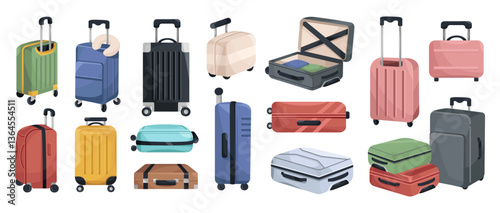 Collection of colorful suitcases, travel bags, and luggage in different styles and sizes on a white background. Travel and vacation concept. Vector illustration