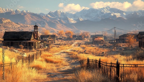 A small town in the Wild West, featuring wooden buildings and dusty streets. In front of one house stands an old fence, overgrown with dry grasses. The sun bathes the entire scene in its warm glow. 