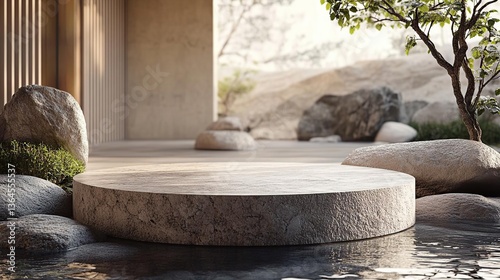 Stone Bench Partially Submerged in Calm Water