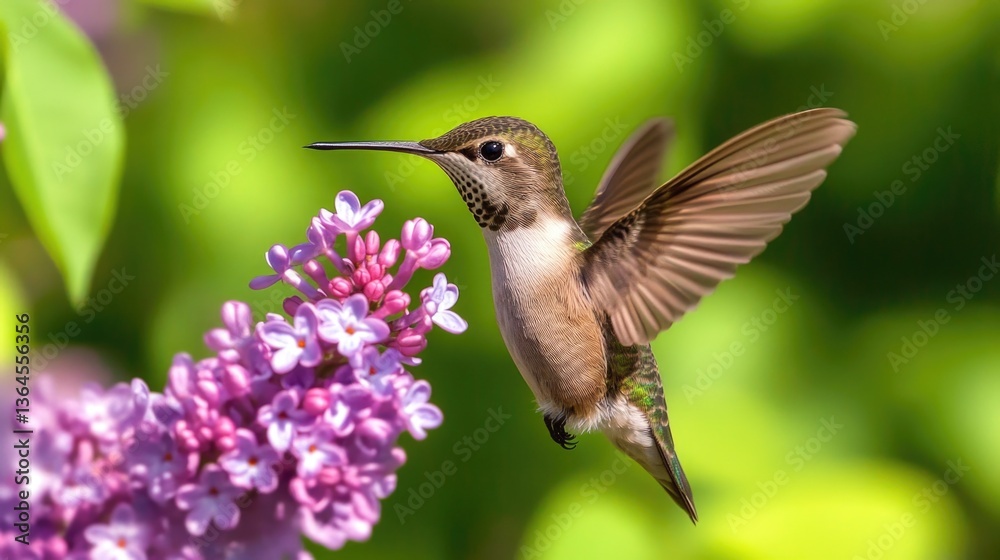 Fototapeta premium A small bird sipping nectar from a colorful bloom