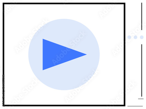 Blue triangle play button centered within a light circular area in a bordered rectangle. Ideal for streaming, multimedia, video content, playback, media instructions, UI design, flat simple metaphor