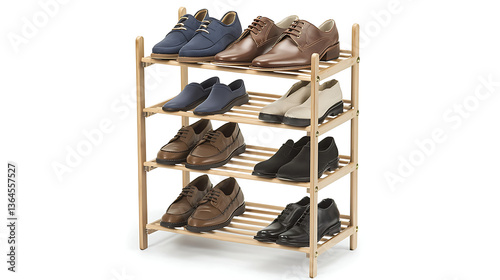 A wooden shoe rack with four shelves and a variety of shoes on it