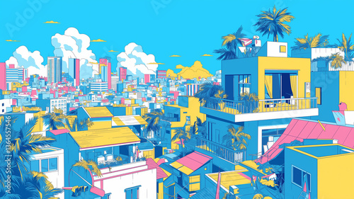 『青空に白い夏雲が広がる爽やかな都市風景・アニメ風レトロポップカラーのイラスト背景素材・明るい日差しと街並みが美しい都会の日常風景・夏の午後の街並み・ノスタルジックで清々しい情景
