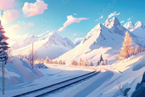 A scenic view of a snowy mountain range with a train making its way along the tracks