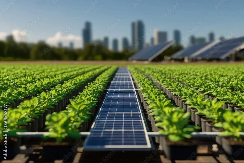 Obraz premium Urban Oasis: A Rooftop Vertical Farm Thriving Amidst the Bustling Metropolis
