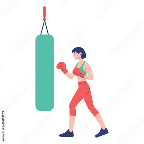 Short hair Woman Boxer Training with Punching Bag in Gym Wearing Sportswear