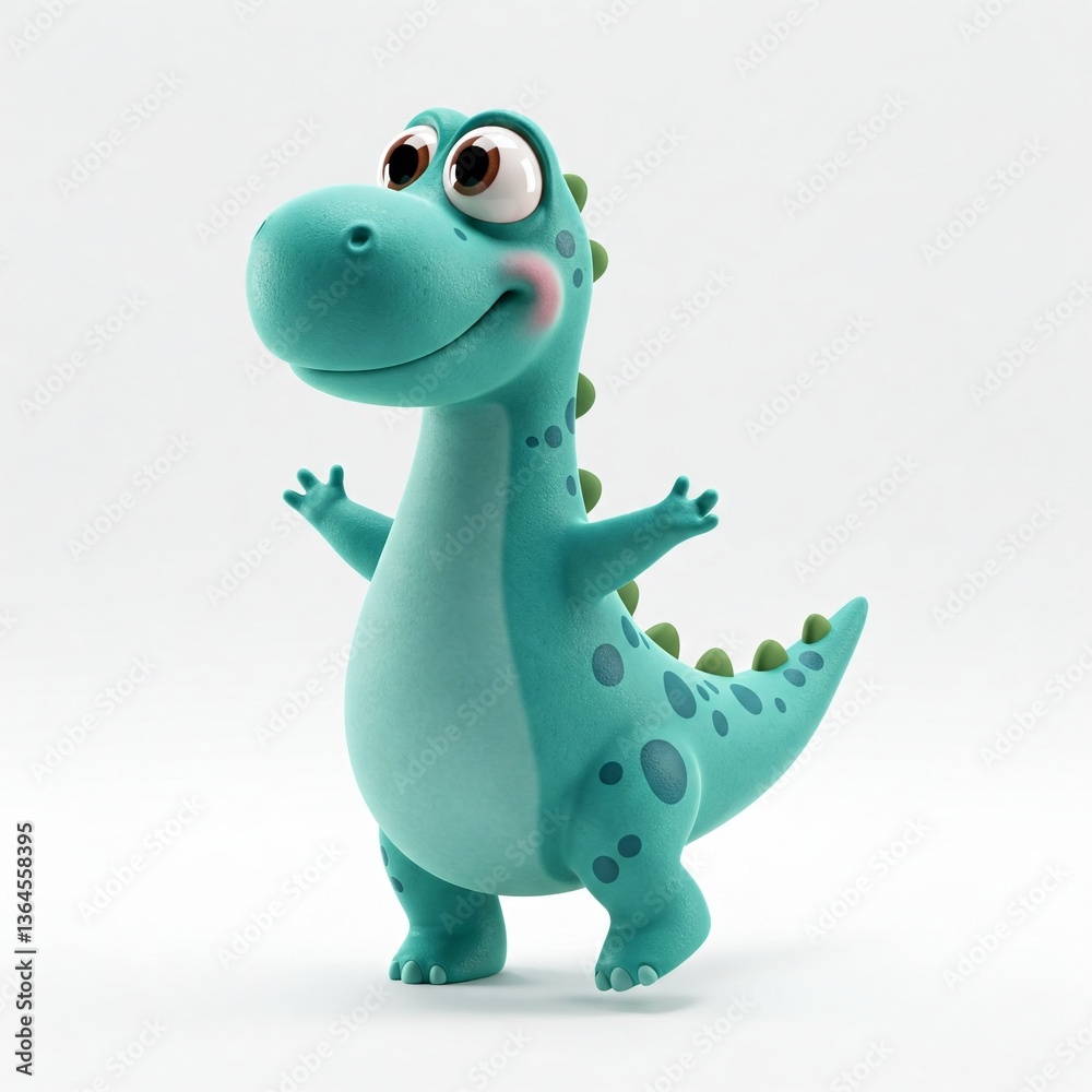 Fototapeta premium Cute cartoon dinosaur with blue-green skin, big eyes, and small spikes, standing upright in a playful pose. 