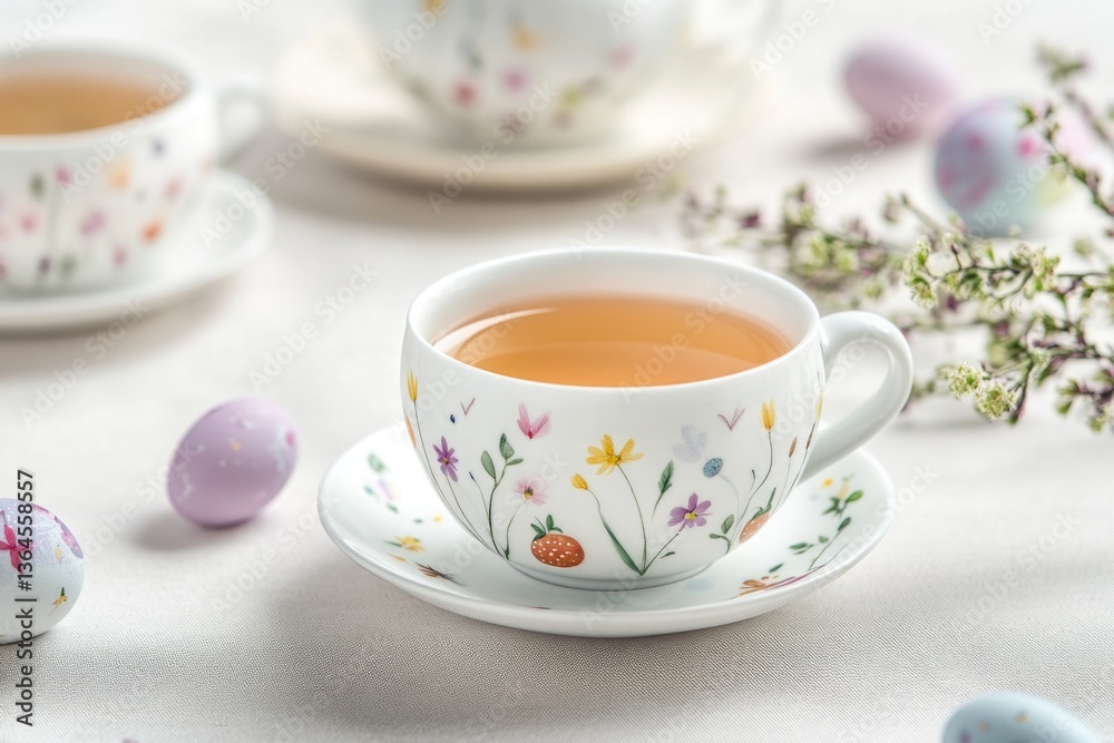 A simple breakfast setting with a cup of tea and some eggs on a table