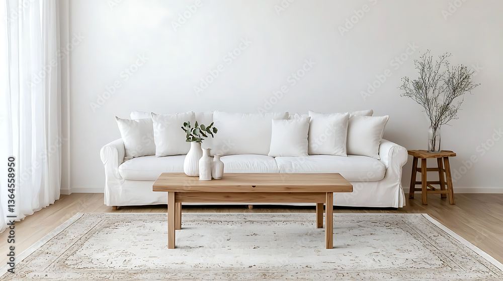 Fototapeta premium A living room with a white couch, coffee table, and a vase with flowers on it