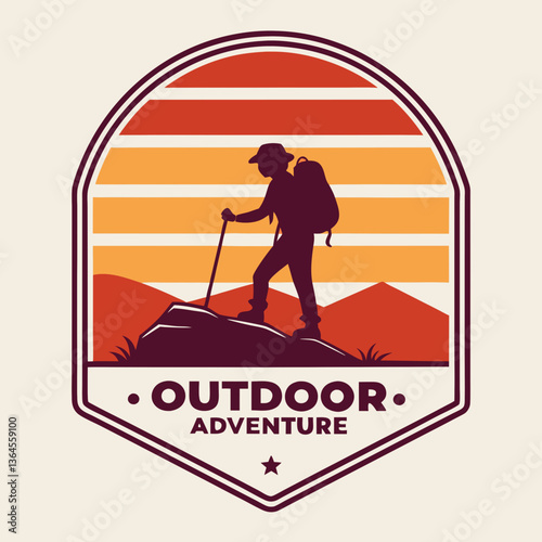 Retro Hiking Badge: Silhouette of Hiker at Sunset