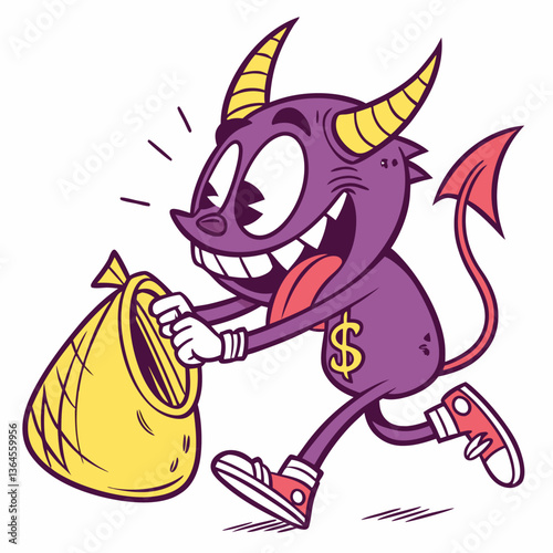 Joyful Cartoon Devil Running with Money Bag, Retro Style Illustration