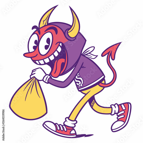 Joyful Cartoon Devil Running with Money Bag, Retro Style Illustration