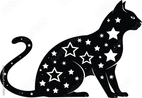Black cat silhouette filled with stars, a mystical and artistic design combining feline beauty with cosmic elements