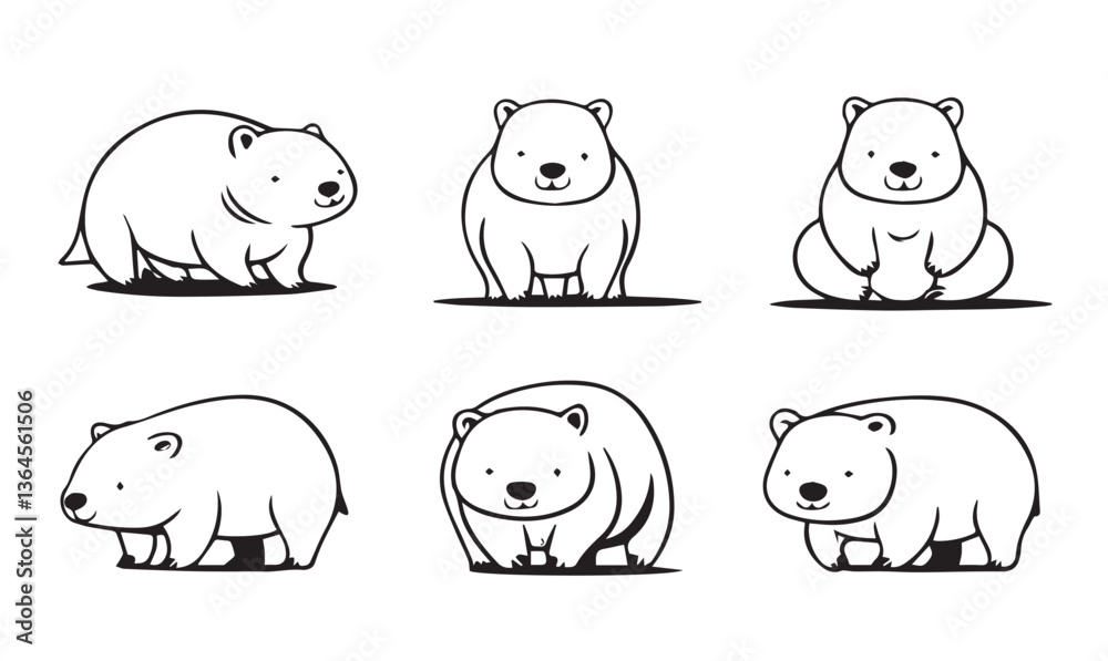 Fototapeta premium white background Cute Wombat Collection: Six Cartoon Wombat Illustrations Digital Art