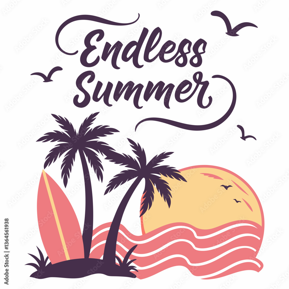 Naklejka premium Endless Summer: Palm Trees, Surfboard, and Sunset Beach Scene