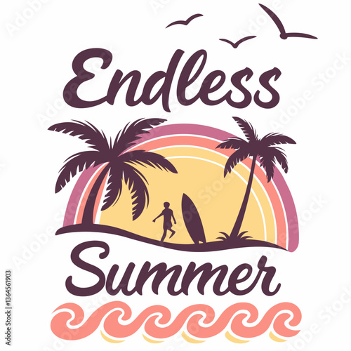 Wallpaper Mural Endless Summer: Surfer Silhouette with Palm Trees and Retro Sunset Torontodigital.ca