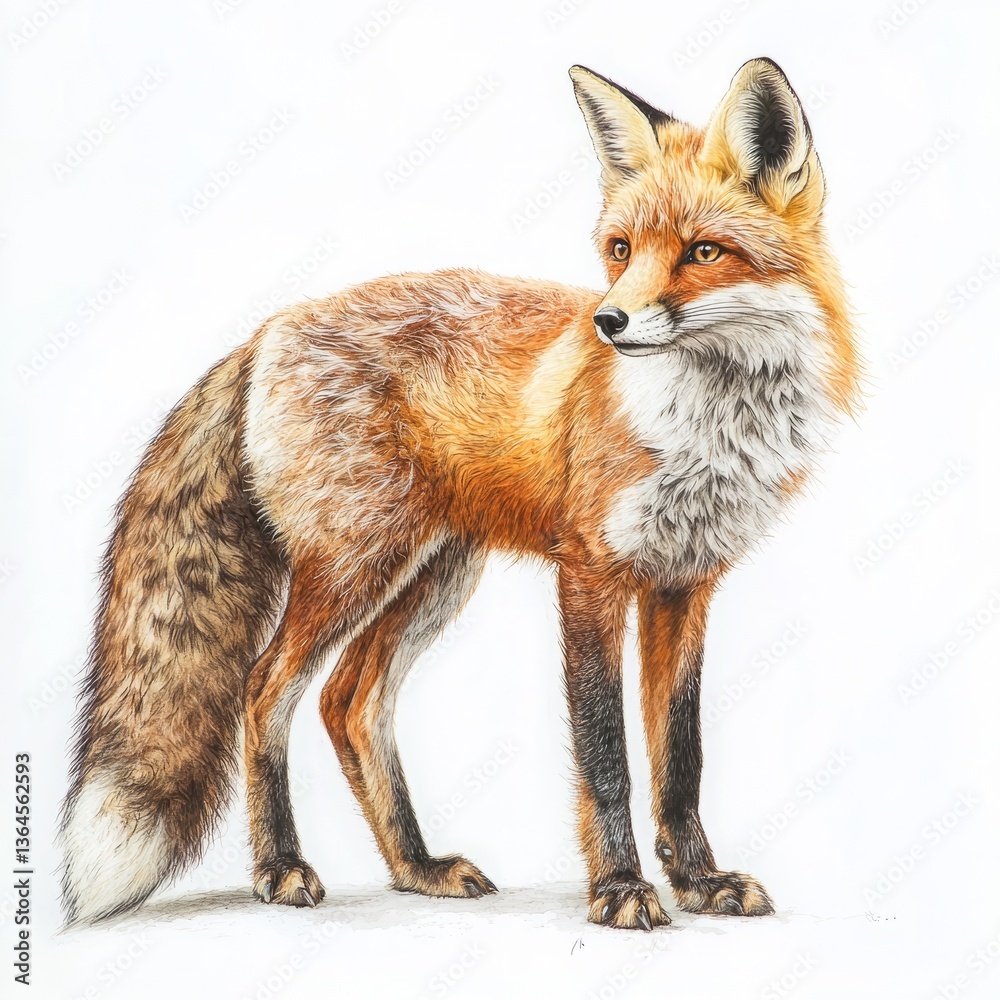 Obraz premium Realistic Red Fox Illustration with Detailed Fur Patterns and Bushy White-Tipped Tail on a White Background