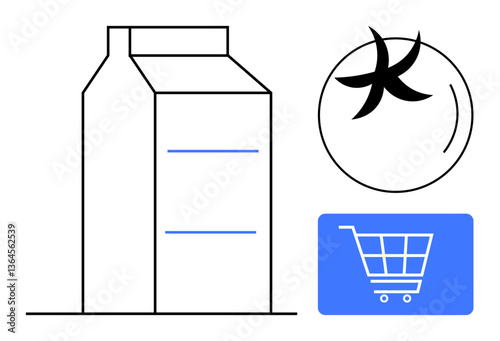 Milk carton with clean lines, blue shopping cart icon, and quality assurance representation in abstract form. Ideal for e-commerce, packaging, food safety, retail, branding, marketing flat simple