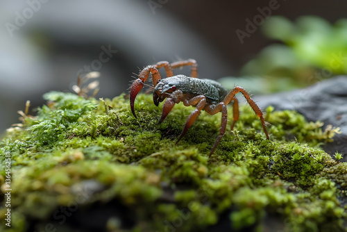 Close-up of a Pseudoscorpion Standing on Moss in a Natural Habitat, Capturing the Beauty of Tiny Creatures photo