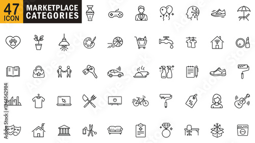 Marketplace Categories editable outline icon set. Electronics, fashion, clothing, accessories, footwear, beauty, cosmetics and more.