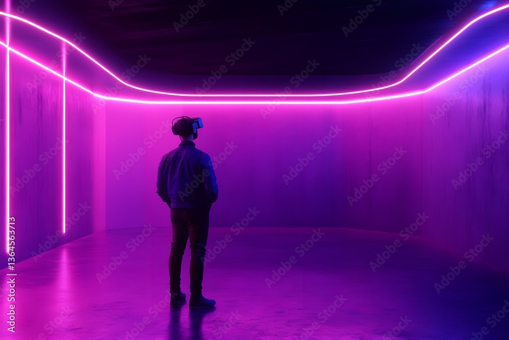 A man stands in a room with purple walls and purple lights A man stands in a room with purple walls and purple lights
