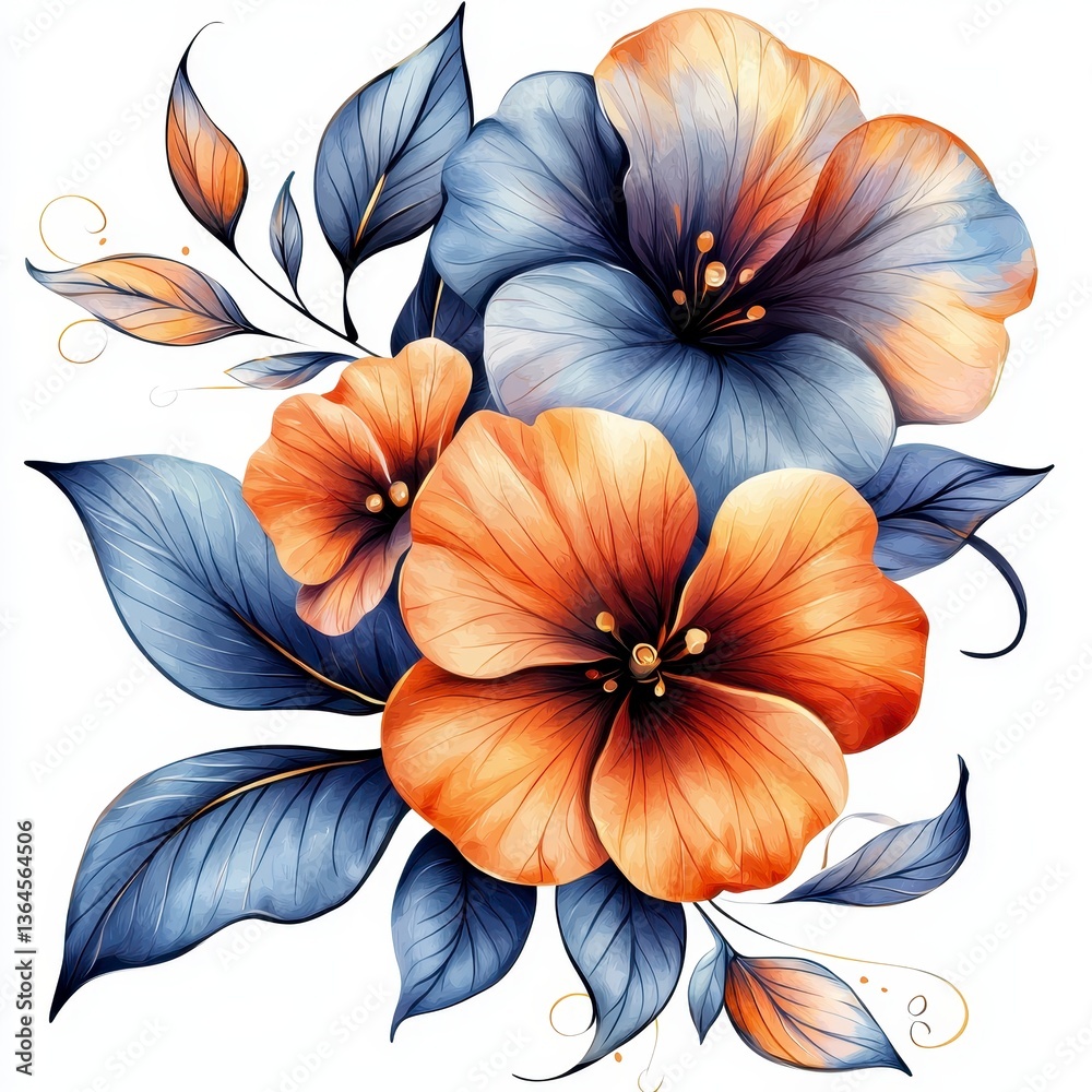 custom made wallpaper toronto digitalWatercolor Painting of Elegant Blue and Orange Flowers with Gold Accents