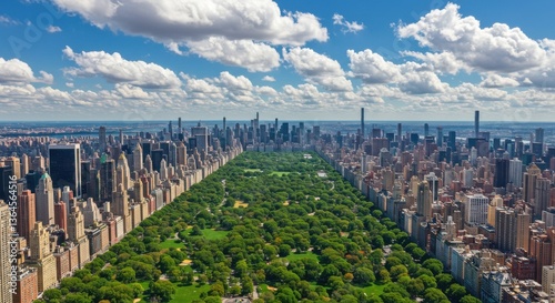 Aerial view of central park surrounded by buildings under a cloudy sky in new york city