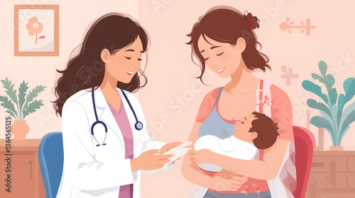 Breastfeeding consultation lactating. Woman holding and breastfeeding infant baby. Doctor talking with young mother. Healthcare concept . Flat vector illustration