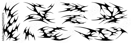 Set of y2k tribal tattoo art element hand drawn stickers. Aesthetic of 90s, 2000s. Vector isolated illustration.