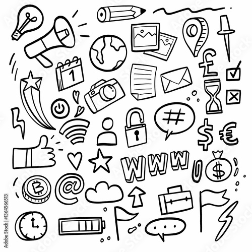 A doodle-style collage featuring icons of communication, technology, organization, travel, and creativity, including a megaphone, globe, checklist, and light bulb.