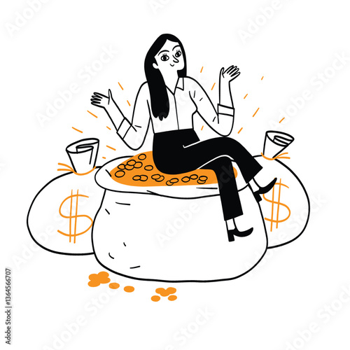 Happy woman sitting atop a large bag brimming with gold coins, flanked by bags marked with dollar signs. Symbolizes wealth, financial success, and abundance. Simple line art style.
