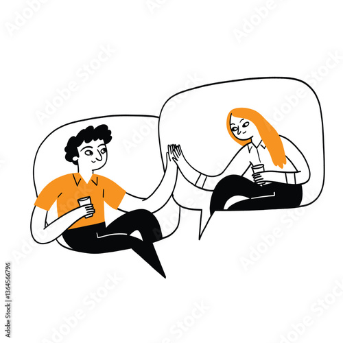 Illustration of a man and woman inside speech bubbles giving a high five while holding cups. Represents communication, agreement, or connection. Simple line art style with orange accents.