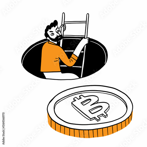 A man climbs out of a hole towards a giant Bitcoin.