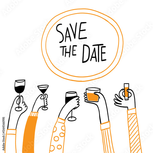 Hands holding various drinks in a celebratory gesture.
