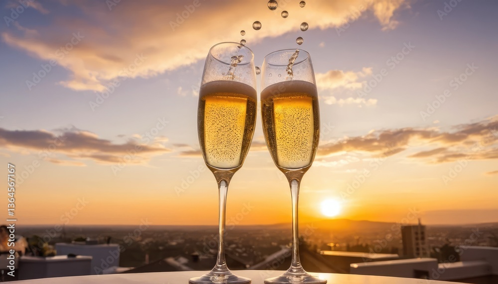 Obraz premium Glasses of beer on the rooftop at sunset