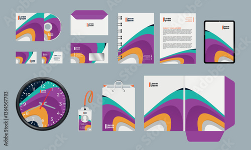 Corporate Brand Identity Mockup set with digital elements. Classic full stationery template design. Editable vector illustration: Business card, Bag, Id card, envelope, cup, letterhead, pen etc.