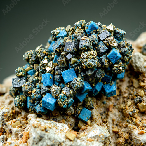 Arsenopyrite covered with blue Connellite. Specimen from Clara mine, Oberwolfach, Germany. Micro photography extreme close-up. microscope mineral crystal photography for Scientific use.