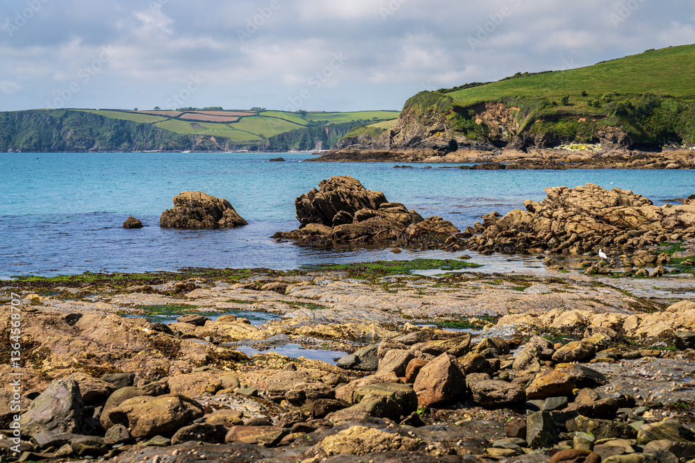 Obraz premium Channel coast with beach and cliffs near Trenarren, Cornwall, England, UK