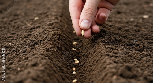 A hand planting seeds in a furrow of dark brown soil in a close up shot of agriculture work done