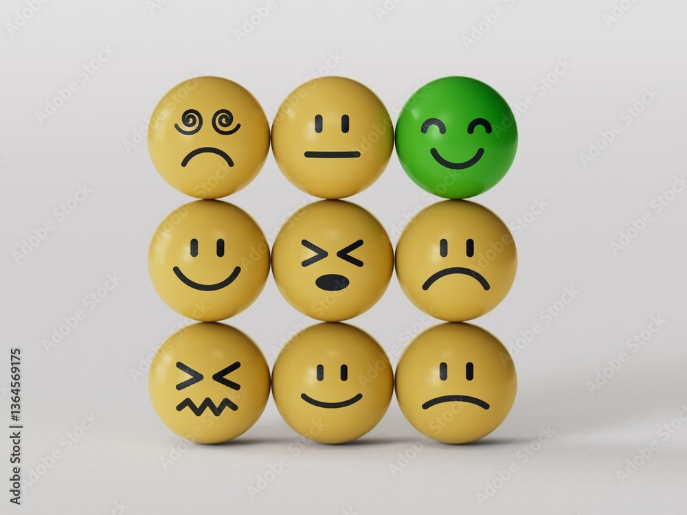 Fototapeta premium Creative idea and smart people, unique, difference, leadership, solutions and motivation concepts. Happy smile face BALL on yellow BALL block stack with other dumb faces on white background.