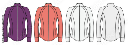 Women's active Jacket, Fashion Flat Sketch Vector Illustration, CAD, Technical Drawing, Flat Drawing, Template, Mockup.