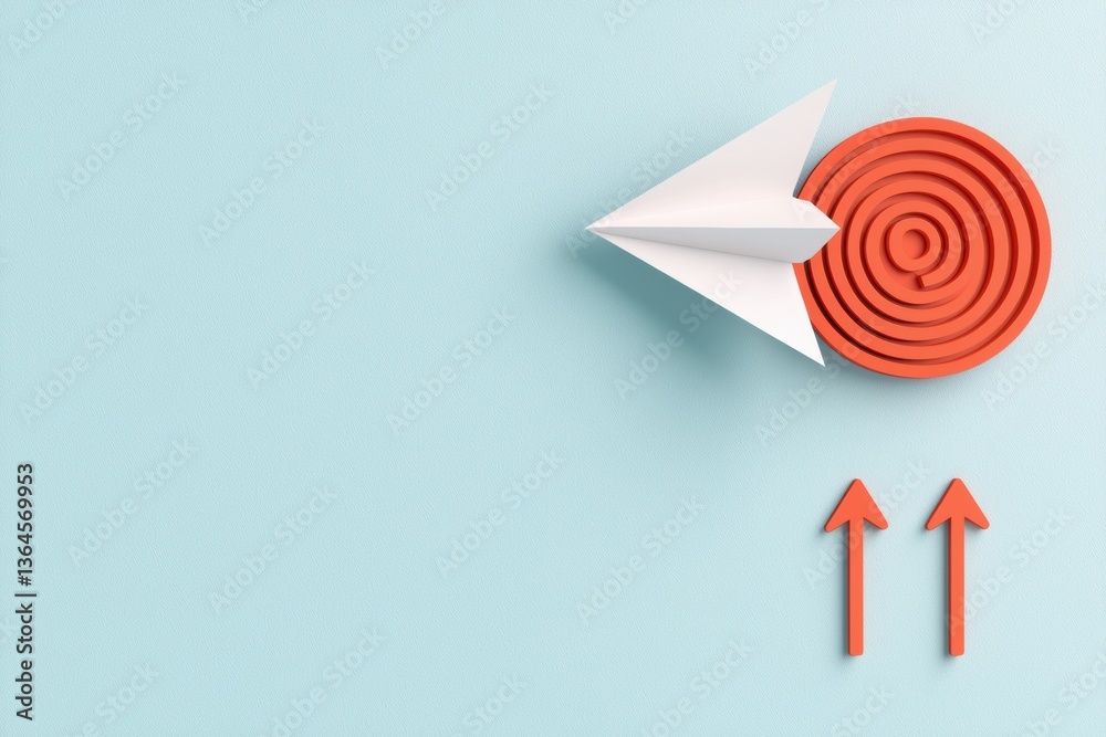 Paper Airplane Aiming Towards A Red Target with Two Upward Arrows on Light Blue Background Representing Success and Achivement Paper Airplane Aiming Towards A Red Target with Two Upward Arrows on Light Blue Background Representing Success and Achivement