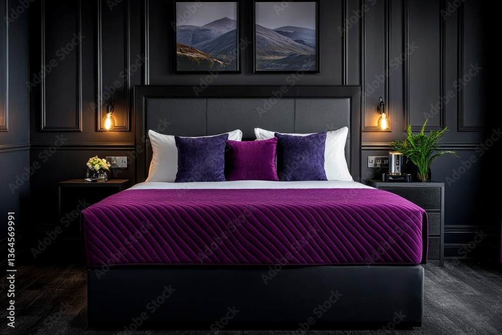 A luxurious Viva Magenta bedspread, draped over a plush king-sized bed in a stylish hotel room A luxurious Viva Magenta bedspread, draped over a plush king-sized bed in a stylish hotel room
