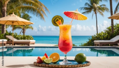Luxury resort swimming pool with tropical cocktails