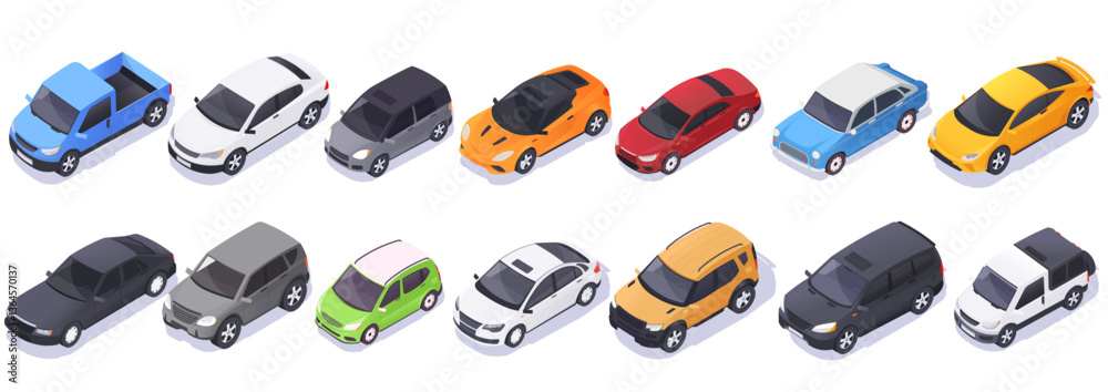 Set of isometric cars in various colors and models on a white background. Concept of transportation, vehicle diversity, and car collection. Vector illustration